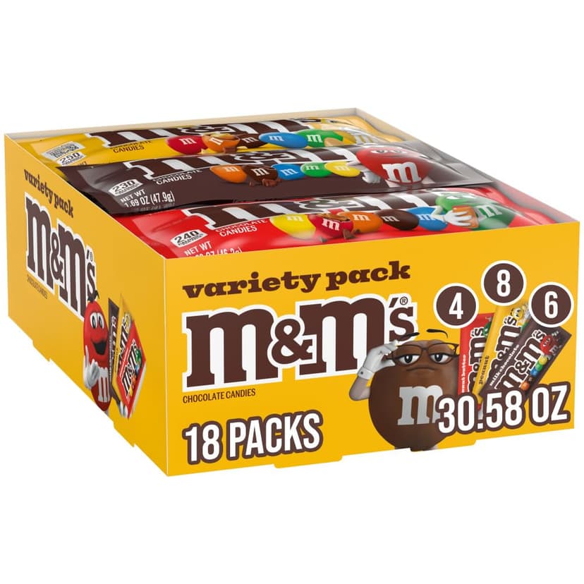 Real Milk Chocolate, Peanut, and Peanut Butter Candy, Individually Wrapped Packs for Sharing at Parties, Baking and Gifting M&M'S Milk Chocolate Candy, Bulk Candy Variety Pack, Full Size, Pack of 18 B004SK4KIG