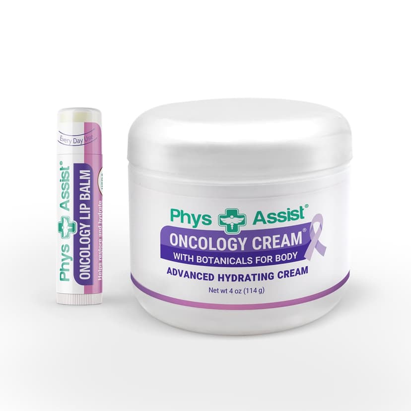 PhysAssist Oncology Cream 4 oz plus Lip Balm. Hydrates and Pampers Stressed skin. Made with a blend of natural Botanicals. Clinically Tested, Non Irritant.