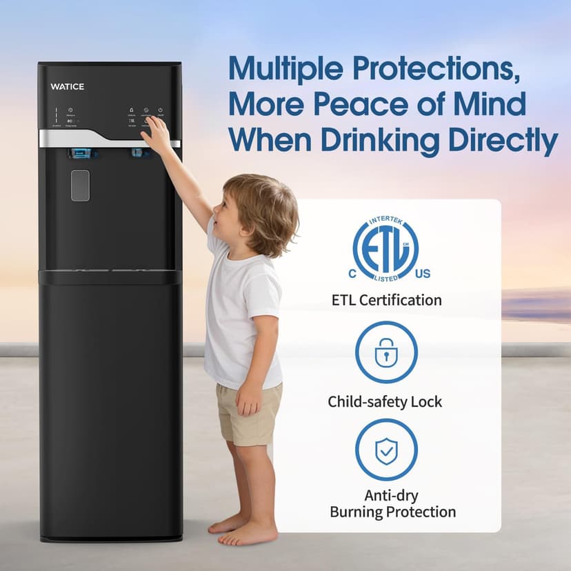 Self-Cleaning Water Dispenser with Ice Maker, Bottom Loading Hot & Cold Water Cooler for 3 or 5 Gallon Bottle - Child Safety Lock & Nightlight - Water Machine for Home, Office, Black