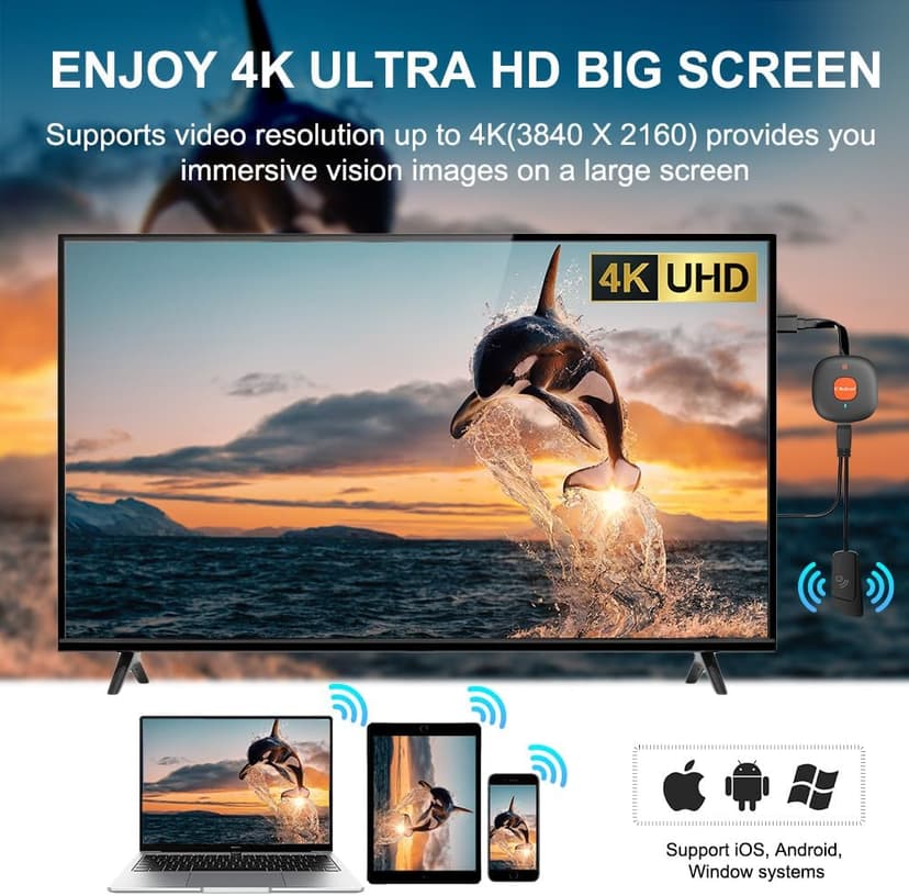 Wireless HDMI Dongle Adapter 4K, SOCLLLife Display Receiver for iOS/Android/Windows Devices to TV, Monitor, or Projector, Screen Mirroring with Airplay/Miracast/DLNA for Movies, Presentations