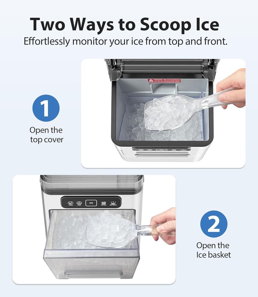 Nugget Ice Maker 40lbs/Day, Countertop Ice Maker Soft Chewable Ice, Ice Makers One-Click & Self-Cleaning, Crushed Pellet Ice Machine with Scoop&Basket for Home/Kitchen/Office, Stainless Silver