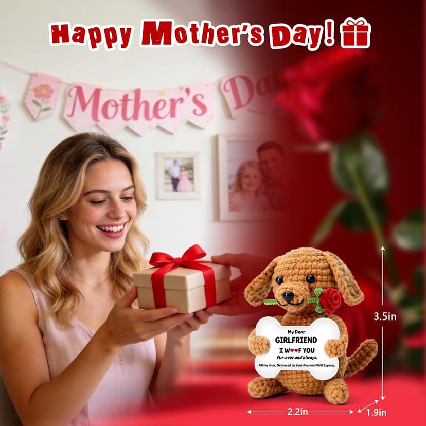 Funny Dog Mothers Day Girlfriend Gf Gifts, Anniversary Birthday Gifts for Girlfriend from Boyfriend, Mini Cute Cool Stuff Things Romantic I Love You Presents, Small Happy Crochet Rose Dog Puppy