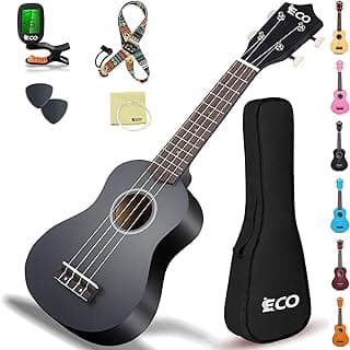 iECO Soprano Ukulele Beginner Kit Adults 21 Inch Ukelele w/Case Strap Tuner Strings Picks (Black)