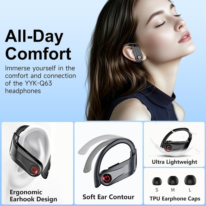 EUQQ True Wireless Earbuds, 2026 Sport Bluetooth 6.1 Headphones with Microphone 120H Playtime Dual LED Display Case, Noise Canceling Ear Buds with Easy Button Controls Sweat and Water Resistant Black