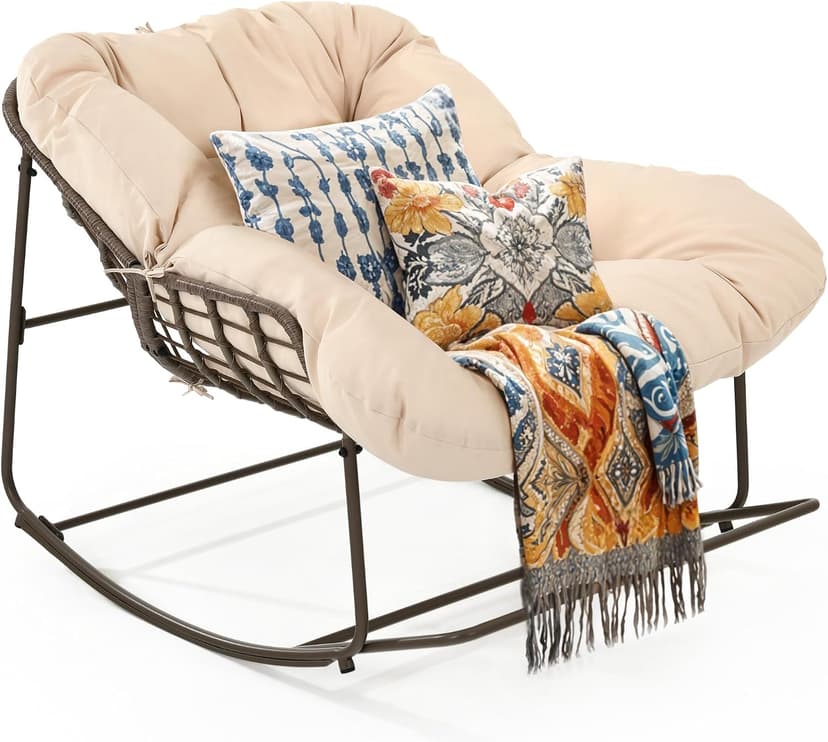 YITAHOME Rocking Papasan Chair, Wide Rocking Chair, Comfy Indoor and Outdoor Lounge Chair with Thick Cushion for Bedroom, Living Room, Patio, Porch, Garden, Deck, Lawn (Beige)