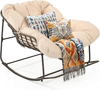 YITAHOME Rocking Papasan Chair, Wide Rocking Chair, Comfy Indoor and Outdoor Lounge Chair with Thick Cushion for Bedroom, Living Room, Patio, Porch, Garden, Deck, Lawn (Beige)