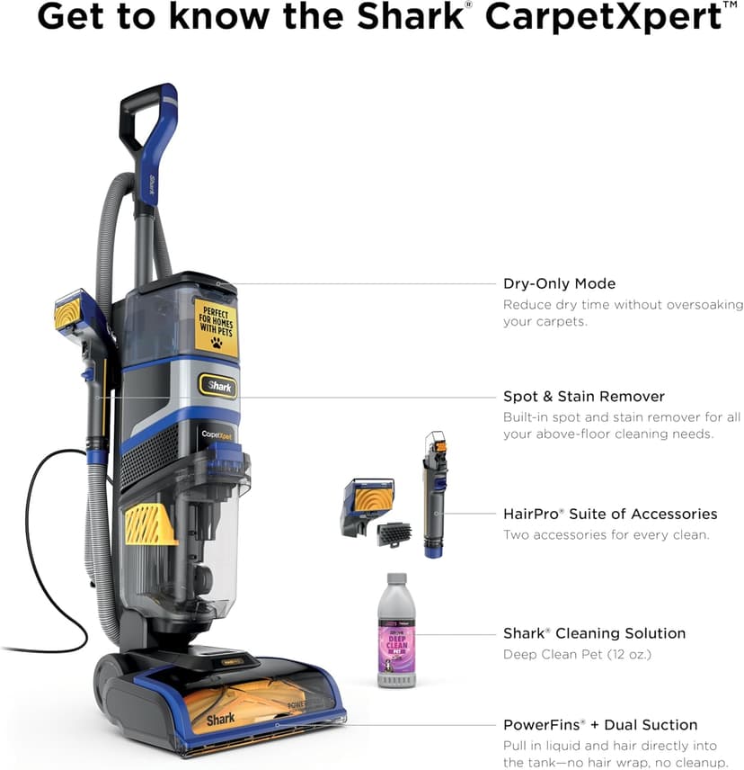 Shark CarpetXpert HairPro Upright Carpet, Area Rug & Upholstery Cleaner with Spot & Stain Remover, Perfect for Pets, Carpet Shampooer, 2 Cleaning Tools, Pet Cleaning Solution, Cobalt, EX251BRN