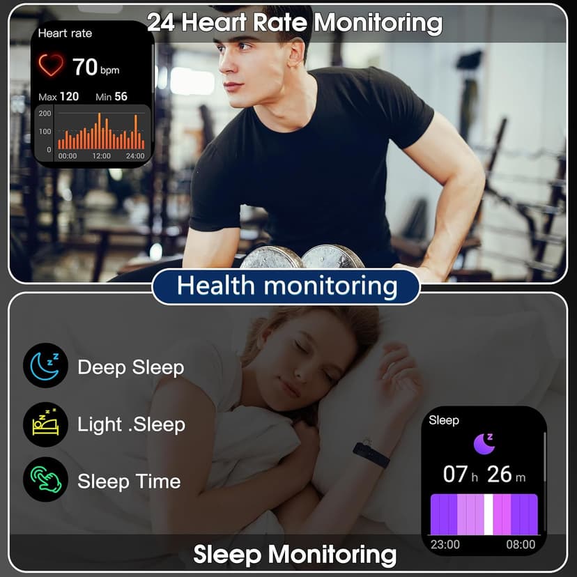 Puqo Puqo Smart Watches for Men Women, 1.95" HD Touchscreen Fitness Tracker with Bluetooth Calls, IP68 Waterproof, 120+ Sport Modes, 7-Day Battery, 24/7 Heart Rate & Sleep Monitor for Android iOS (Blue)