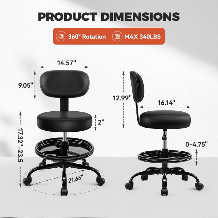 Shop Stool with Wheels for Garage, Mechanics Rolling Chair with Backrest, Adjustable Height Heavy Duty Garage Stool with Footrest and Storage Tray, Swivel Task Chair for Workshop Kitchen Salon