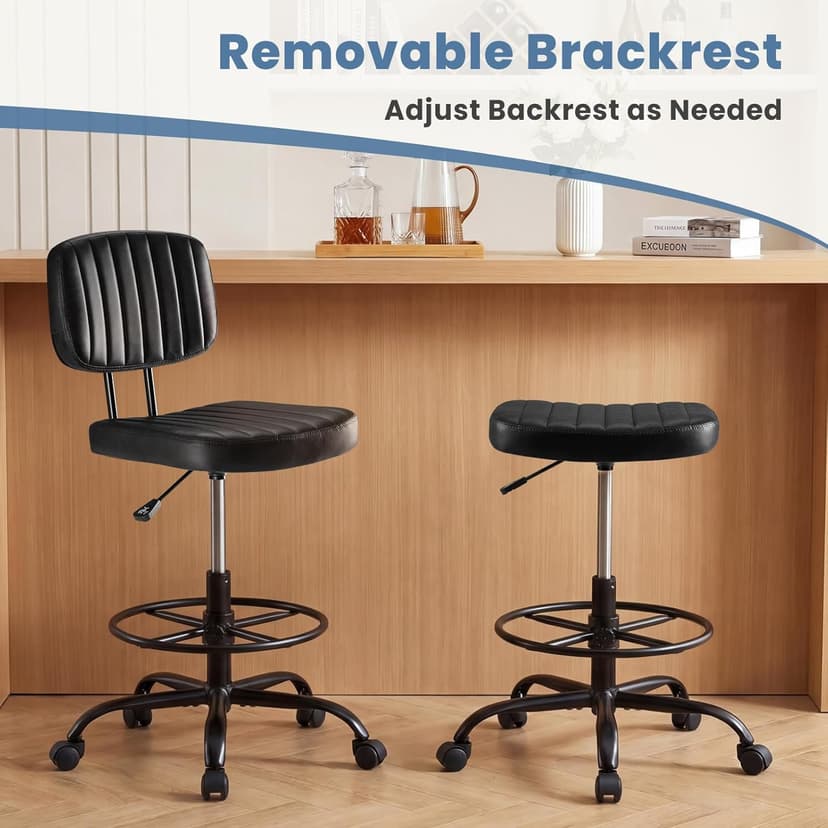 DUMOS Armless Drafting Chair, Low Back Office Seat with Adjustable Footrest Ring for Standing Desk, Ergonomic PU Leather Office Seating, Swivel Rolling High Stool for Studio, Lab, Counter, Black