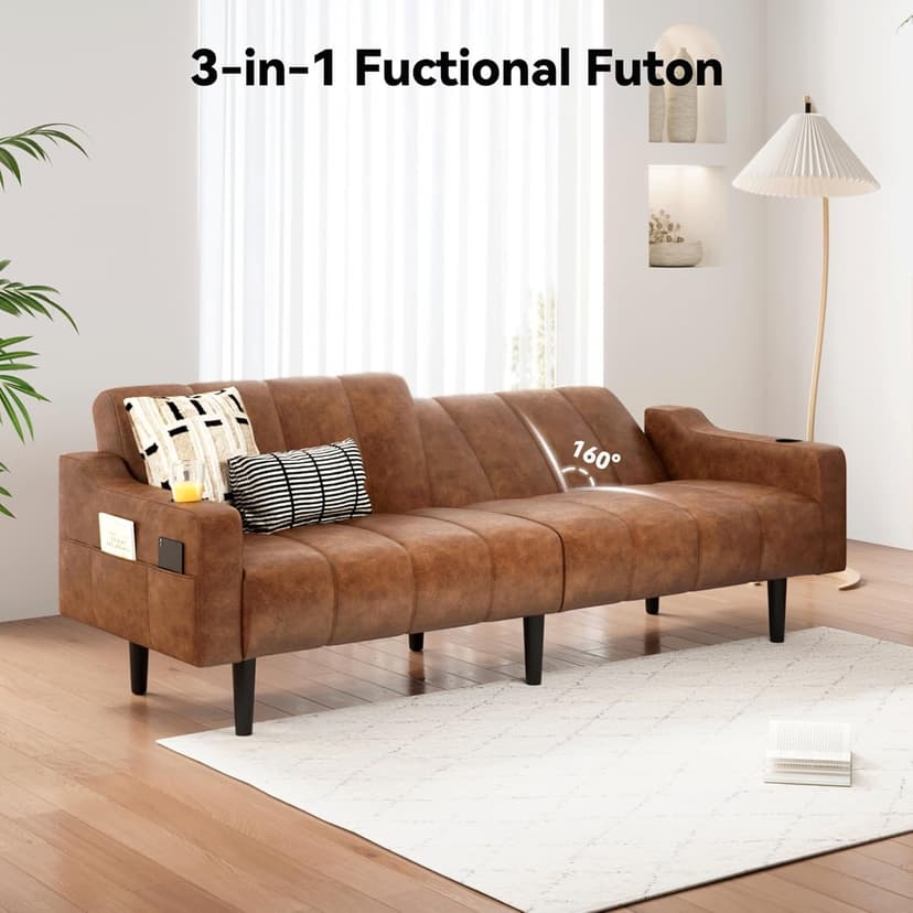 Brelice 80'' Leather Couch, Futon Sofa Bed, Faux Leather Couch with Adjustable Backrest, 2 Cup Holders & Side Pockets, Mid Century Modern Sofa for Living Room, Bedroom, Brown