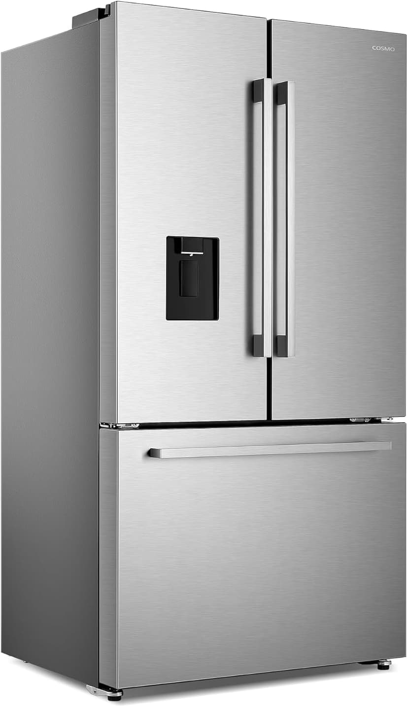 COSMO COS-FDR223GWSS 36 in. Lumin Collection 22.4 cu. ft. Counter Depth French Door Refrigerator, Water Dispenser, Ice Maker, Stainless Steel