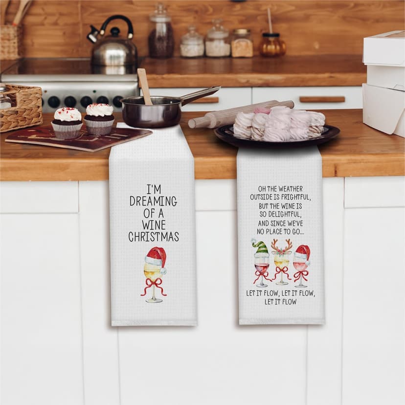 Funny Christmas Wine Kitchen Towels, Gifts for Wine Lovers Dish Tea Towels for Kitchen Bar Cart Decor, Winter Holiday Xmas Wines Decorative Hand Towel, 16x24 Inch Set of 2