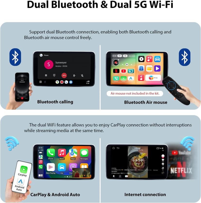 Sunweyer Wireless CarPlay Adapter Car Streaming Device Ai Box Support Netflix, YouTube, Hulu, Disney+, Android Auto Wireless Adapter with LED Ambient Light, Easy to Setup 3 in 1, Dual WiFi Bluetooth