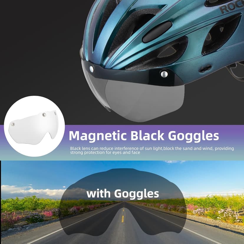 ROCKBROS Bike Helmet for Adult Men Women with Suggested Fit 58-65cm, Detachable Magnetic Goggles & Sun Visor, Lightweight with Adjustable Side and Chin Strap, Suitable for Myopia Glasses