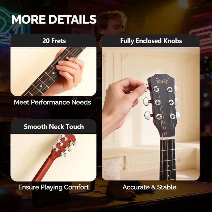 GLARRY 36in Acoustic Electric Guitar Beginner Kit with 15W Amp, 5-band EQ Dreadnought Design 6 Strings Electric Acoustic Guitar with Bag, Strap, Picks, Strings, Wrench (Black)