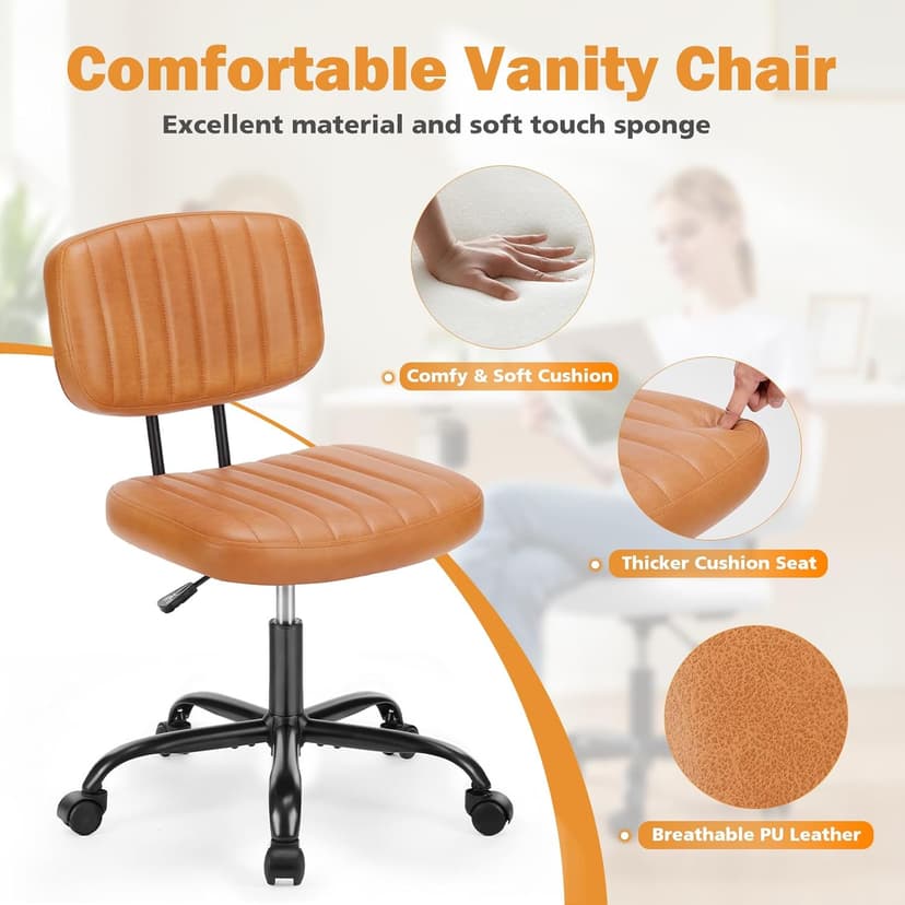 Sweetcrispy Small Office Desk Chair - Armless PU Leather with Comfy Lumbar Support, Height Adjustable Rolling Swivel Task for No Arms, for Adult, Student, Bedroom, Home, Vanity, Brown
