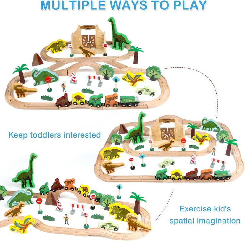 Wooden Train Set, Dinosaur Toys for Kids 3-5, Compatible with Major Brands, STEM Railway Playset, Ideal Wooden Train Track Set for 3 4 5 6 7 8 Year Old Kids Boy Girl