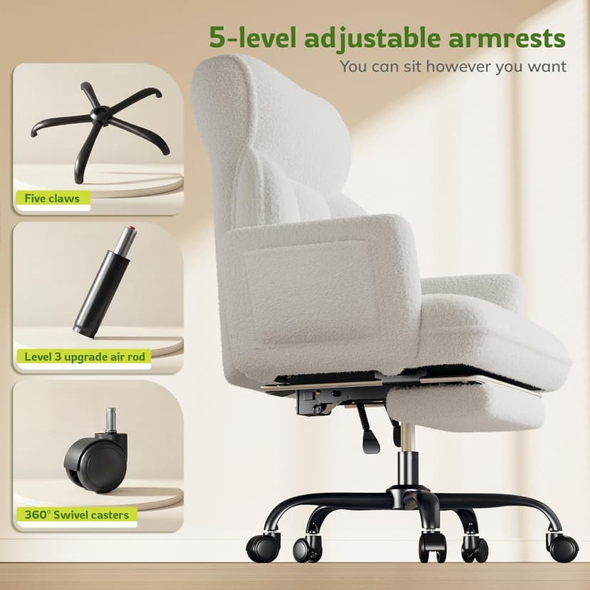DurayLoly Big and Tall Office Chair with Adjustable Arms and Back, Ergonomic Office Chair with Footrest and Comfortable Fabric for Home Office, Bedroom,White