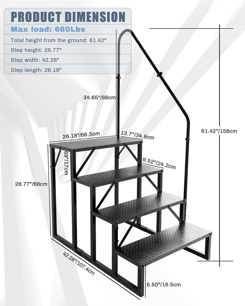 RV Steps with Handrail｜4 Step Hot Tub Spa Steps｜Update 3.0 Outdoor RV Stairs with Anti-Slip Pedals｜RV Ladders for Travel Trailers｜Heavy Duty Camper Steps for Camper, Porch, Spa