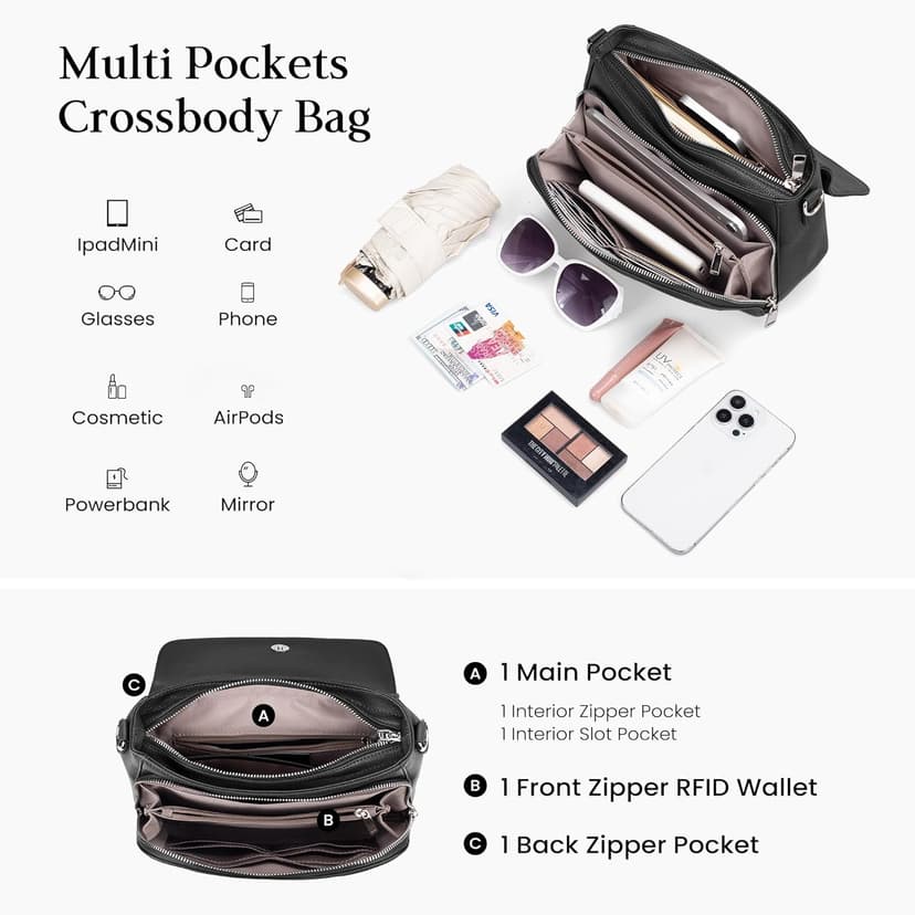 befen Genuine Leather Crossbody Bags for Women with Built in RFID Wallet Medium Womens Saddle Bag Cross Body Purse