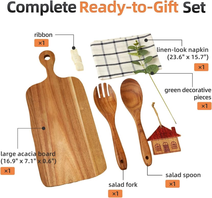 The Perfect Housewarming Gift! Wooden Cutting Boards Set with Utensils & Napkin - Charcuterie, Cheese, Serving Tray for New Home, Kitchen Decor B0GFL2Y7QD