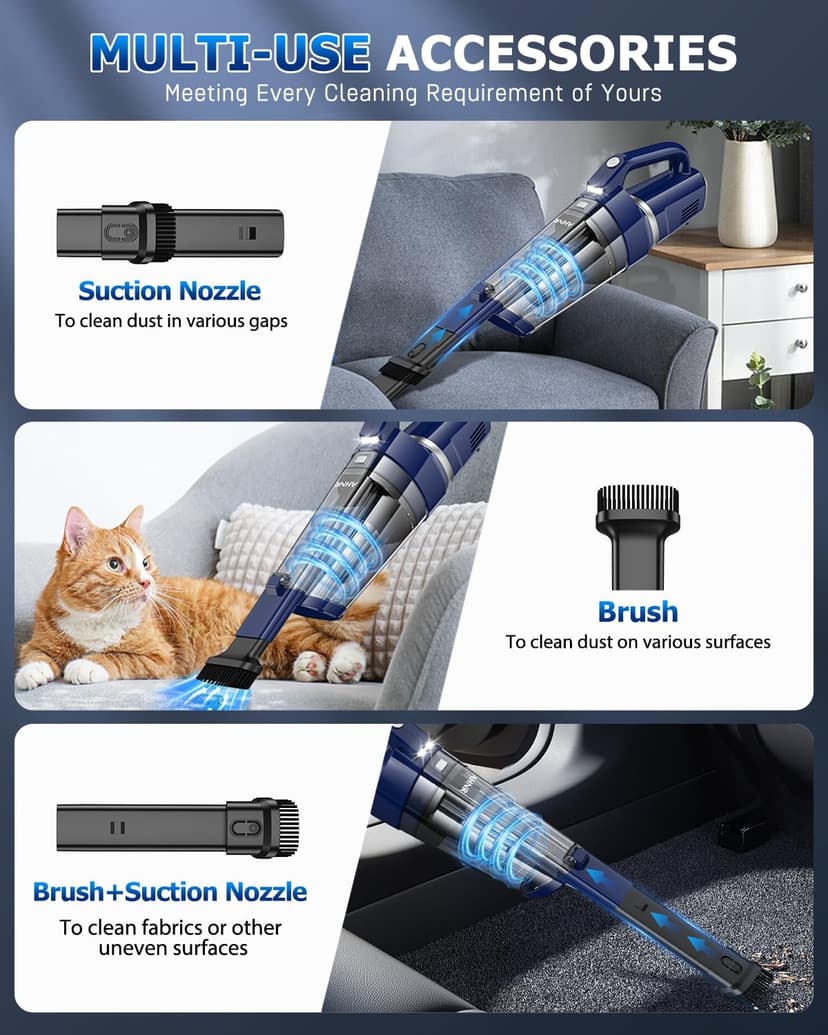 AHNR Handheld Vacuum Cordless, 16000PA Powerful Suction Hand Held Vacuum Dust Busters Cordless Rechargeable with LED Light & 2 HEPA Filters, Portable Car Vacuum Cleaner High Power for Car Home Office