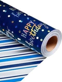 MAYPLUSS Birthday Wrapping Paper Roll, Blue Metallic Holographic Happy Birthday Wrapping Paper Featuring Revesible Stripe Gift Wrap Paper for Boys Kids Girls Men, 17 Inches x 33 Feet B0FX9W1LZD