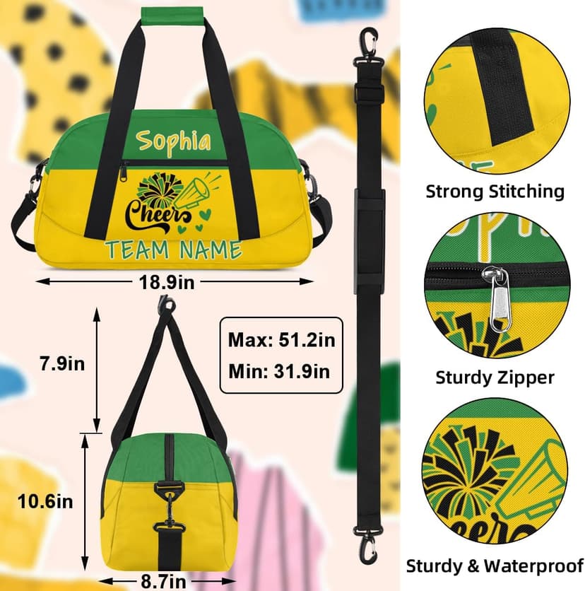 Zestdesign Personalized Cheerleader Bag, Custom Cheer Bag with Name, Customize Gym Sport Duffel Bag for Women, Green Yellow