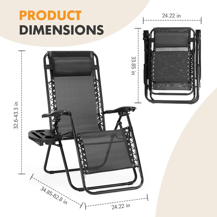NEWBULIG Zero Gravity Chair Set of 2, Lounge Chair Folding Portable Adjustable Camping Reclining Chairs with Adjustable Pollow, Mesh Back, Cup Holder Trays Lawn Patio Chair for Pool Beach