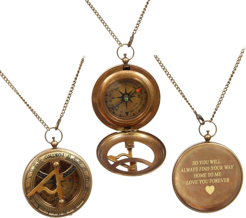 Love You Forever Engraved Sundial Compass with Leather Case – Inspirational Gift for Traveler, Adventurer, Groom, Baptism, Wedding or Him | Vintage Brass Navigation Compass