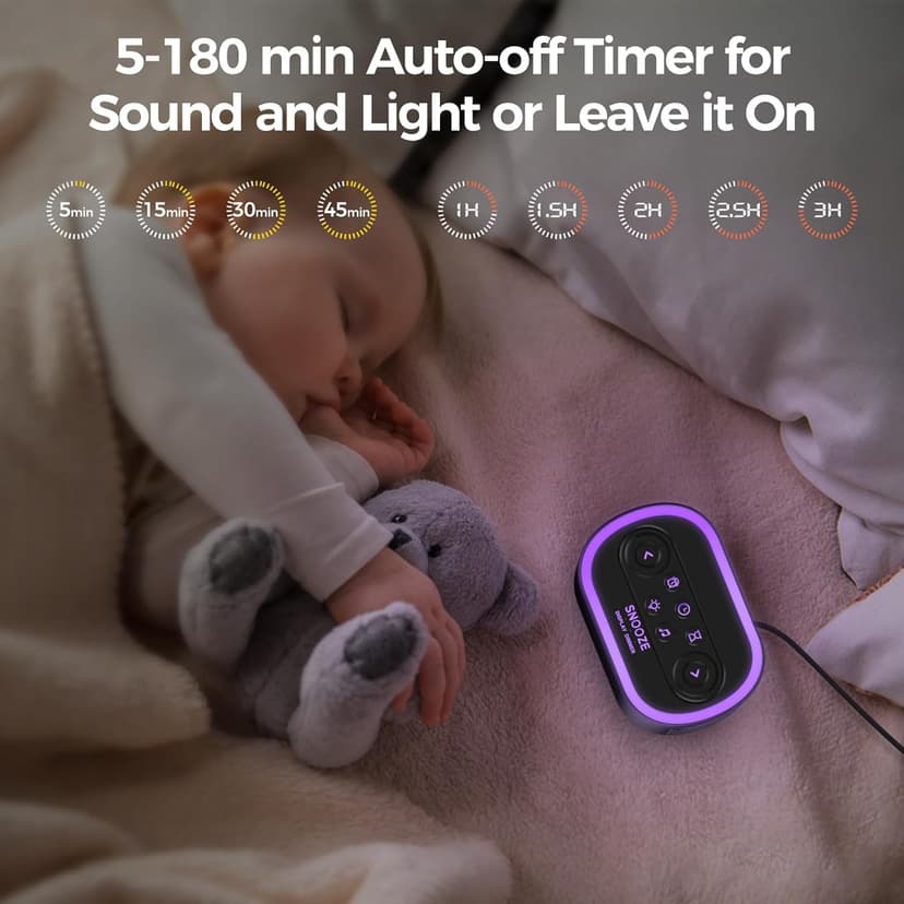 Reacher Digital Alarm Clock & White Noise Sound Machine, 21 Soothing Sounds, 7 Wake Up Sounds, 8 Night Lights, 32-Level Volume, 9 Sleep Timer, Memory Function for Adult, Kid, Bedside, Bedroom