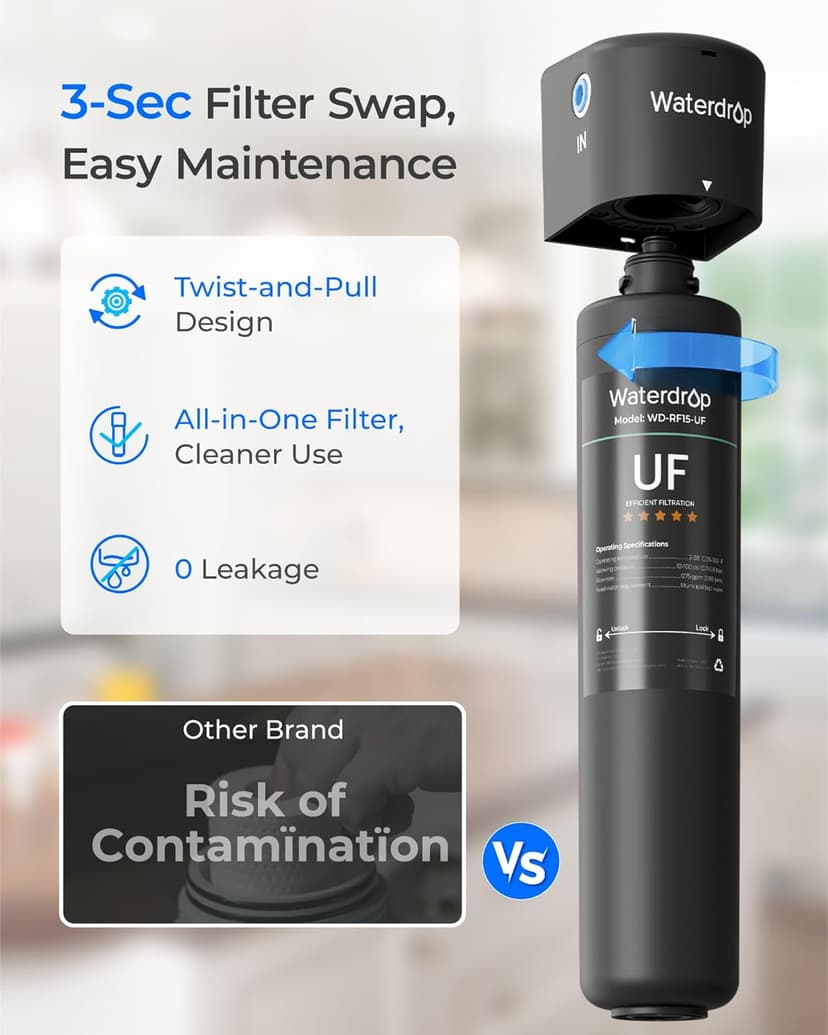 Waterdrop 15UC-UF 0.01 μm Inline Water Filter for Refrigerator, 2 Years, In Line Water Filter for Icemaker, Ideal for Ice Maker, RV, Refrigerator, 1/4 inch Direct Connect, NSF/ANSI 42 Certified