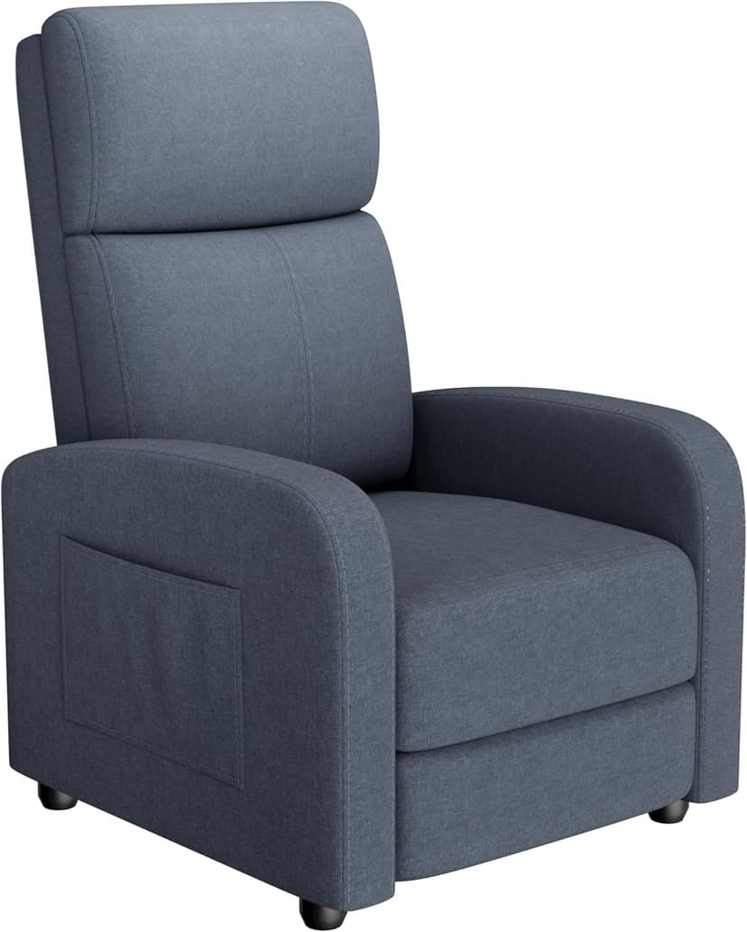 GarveeHome Linen Fabric Manual Recliner Chair, with Side Pocket, High Backrest, Thick Cushion, Adjustable Push Back Recliner,Cozy Lounge Chair for Living Room, Home Theater, Bedroom, Dark Gray