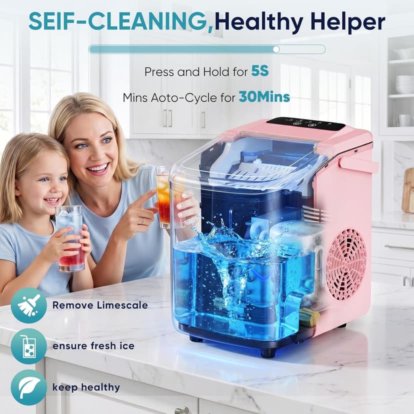 DUMOS Ice Maker Countertop, Ice Machine with Portable Handle, Basket and Scoop, 26lbs Daily, 9 Bullet Cubes in 6~8 Mins, Auto-Cleaning for Home, Kitchen, Office, Outdoors, RV Camping