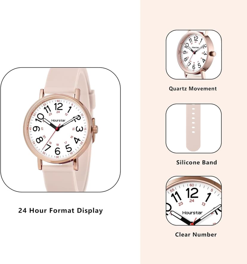 Hourstar Women's Analog Nurse Watch with Second Hand for Nursing, 12/24 Time, Silicone Band, Easy Read