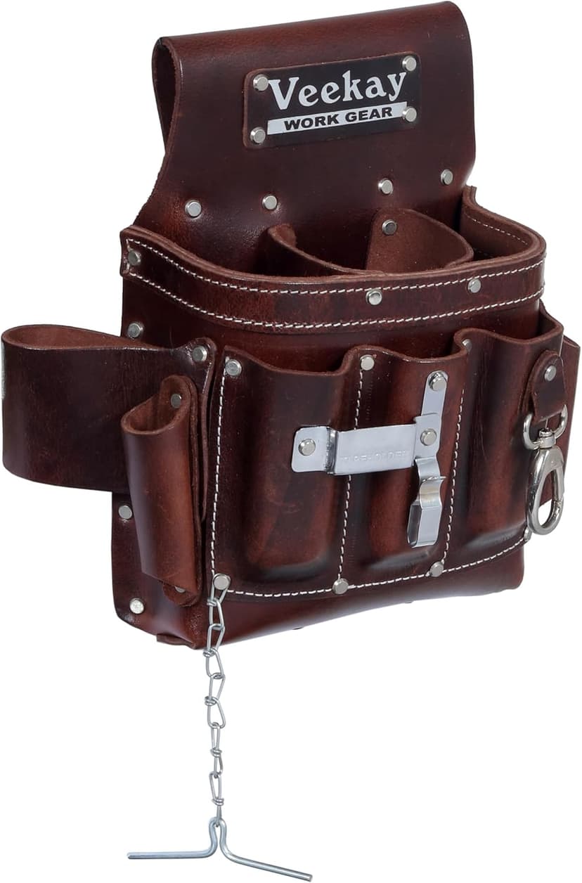 VEEKAY Electrician's Leather Tool Pouch – 10 Pocket Full Grain Leather Organizer for Electricians, Carpenters & Construction Workers – Durable, Heavy-Duty Utility Pouch (Brown/Black)