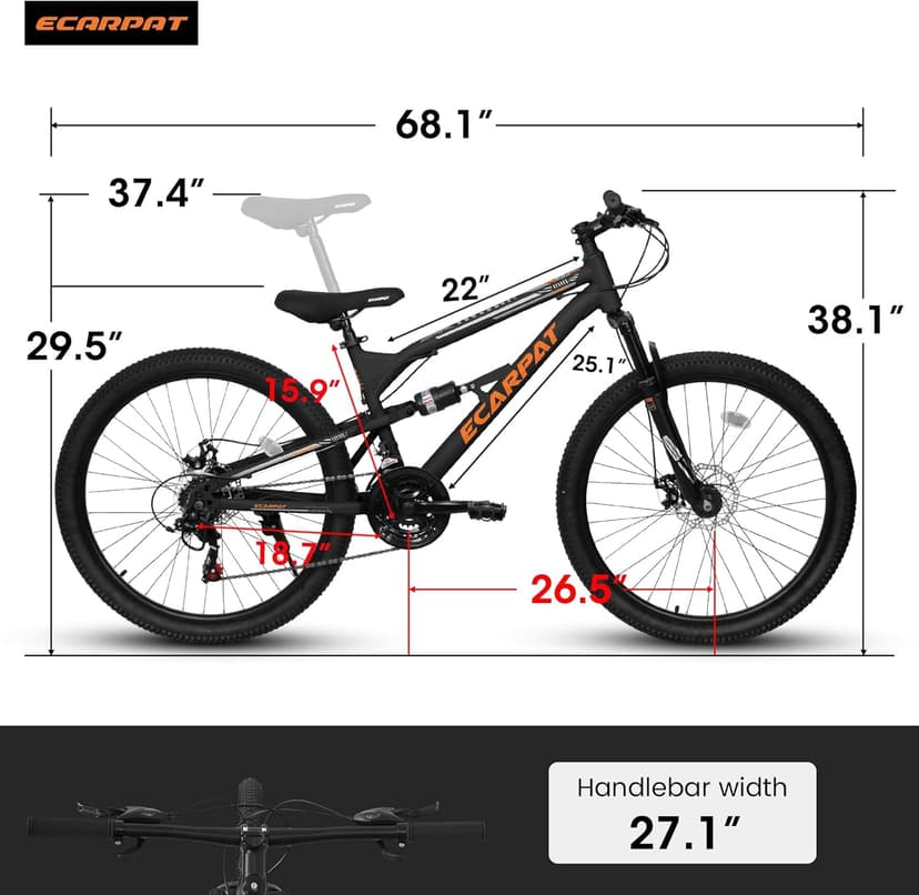 Mountain Bike 24/26/27.5 Inch,Full Suspension, 21-Speed Disc Brake,Carbon Steel Adult Sport Bicycle for Mens Womens