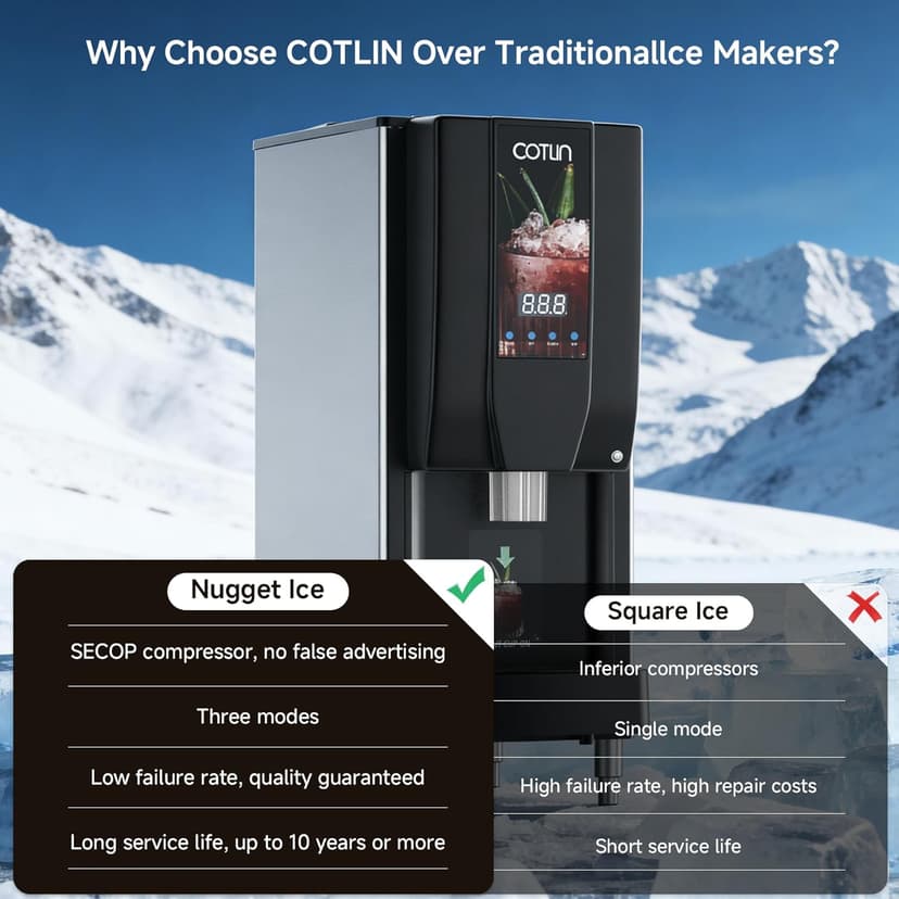 COTLIN Commercial Nugget Ice Maker, 250 lbs/Day Ice Machine with 7 lb Storage Bin, 3-in-1 Smart Modes, SECOP Compressor, Energy Efficient, ETL Certified, Ice Maker for Commercial and Home