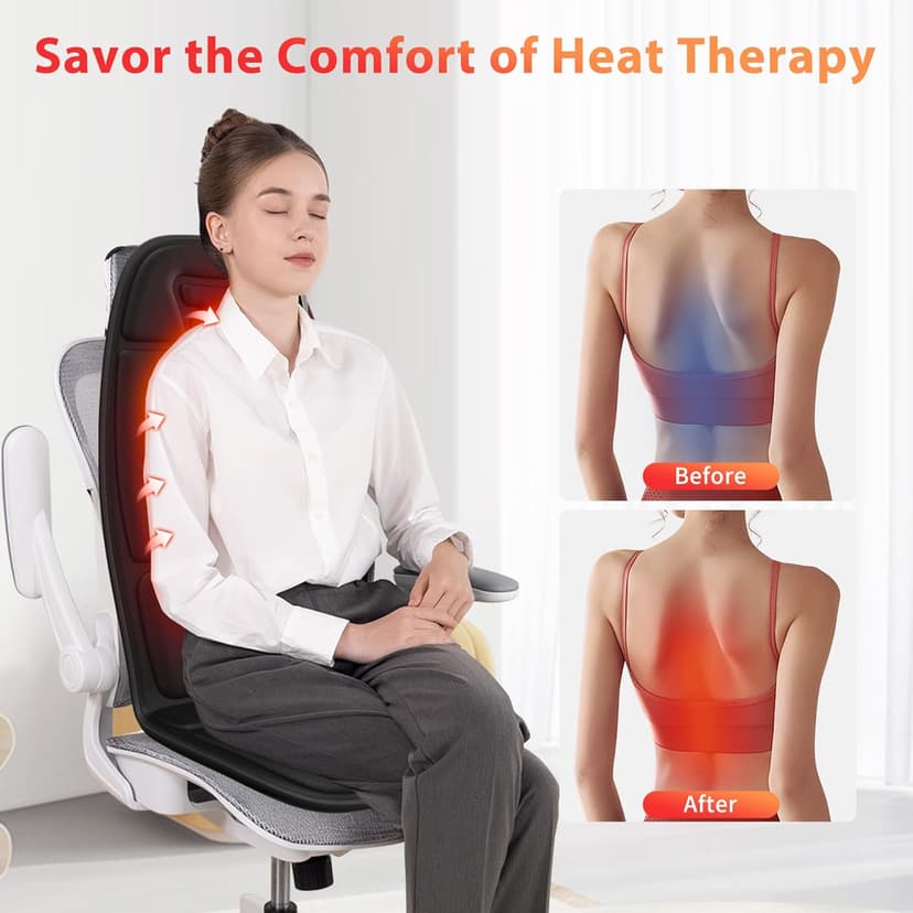 Back Massager with Heat, Massage Chair Pad with 5 Modes & 2 Heat Levels for Back & Thighs, Back Massage Pad for Office & Home Chairs, Matte Black