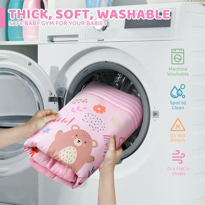 Baby Gym Play Mat, 8-in-1 Tummy Time Mat & Ball Pit with 6 Toys, Washable Baby Activity Mat for Visual, Hearing, Sensory, Motor Development, Babies Gift for Newborn Infant 0-3-6-9-12 Months (Pink)