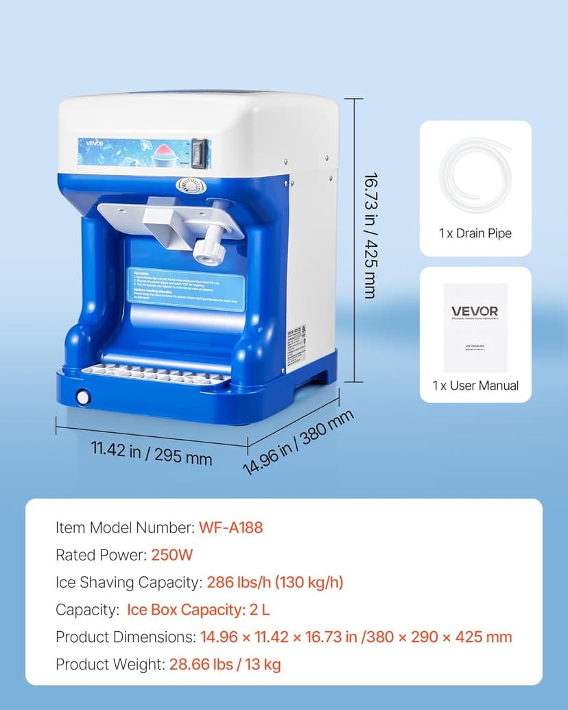 VEVOR Commercial Ice Shaver Crusher,286lbs Per Hour Electric Snow Cone Maker with 2L Ice Cube Box, 250W 1500RPM Tabletop Shaved Ice Machine for Parties Events Snack Bar, Home and Commercial Use (Blue)