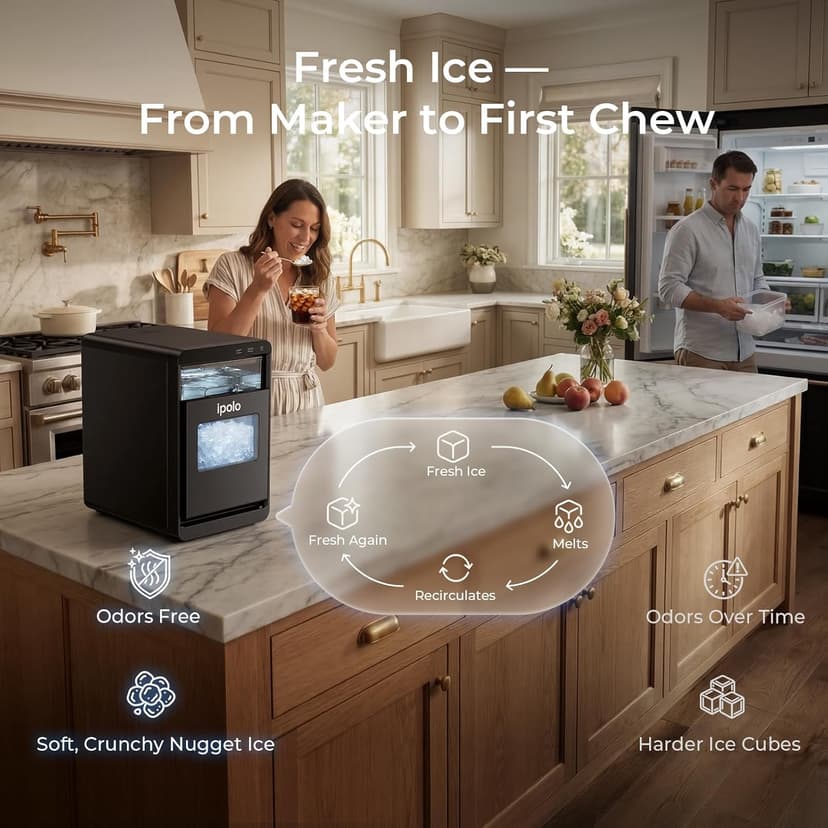 Nugget Ice Maker Countertop: 44lb/Day, Self-Cleaning, Black Stainless Steel, Portable, Soft Chewable Pebble Ice Machine for Home Kitchen, RV & Office