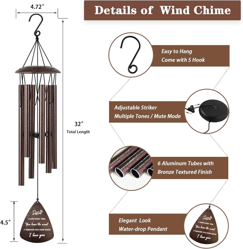 Sister Gifts, 32" Bronze Wind Chimes Sister Gifts for Women, Gifts for Sister, Sisters Gifts from Sister, Gifts for Sister in Law, Best Sister Ever Gifts