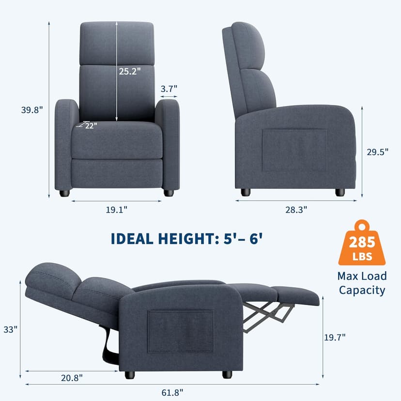 GarveeHome Linen Fabric Manual Recliner Chair, with Side Pocket, High Backrest, Thick Cushion, Adjustable Push Back Recliner,Cozy Lounge Chair for Living Room, Home Theater, Bedroom, Dark Gray