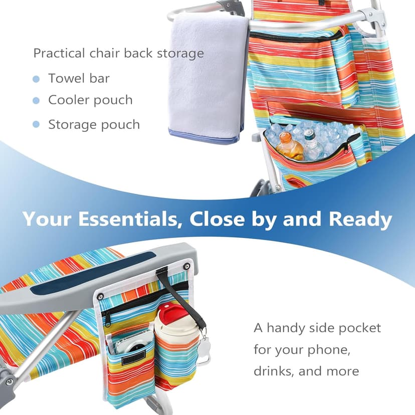 PASAMIC Backpack Beach Chair for Adults Portable, Lay Flat Reclining Beach Chair with 5 Positions, Tall Heavy Duty Folding Chairs with Cup Holder, Cooler Pouch, Towel Bar, Multicolor Stripe