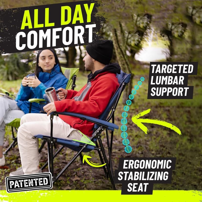 STRONGBACK Elite Folding Camping Lawn Lounge Chair Heavy Duty Camp Outdoor Seat with Lumbar Support and Portable Carry Bag - Black/Grey