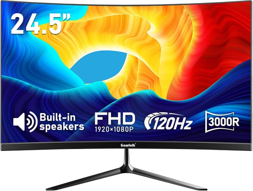 Gawfolk 24.5 Inch Gaming Curved Monitor Built-in Speakers, 3000R 120Hz PC Screen Full HD 1080P, HDMI 2.0, VGA, Wall Mount Compatible 75 * 75mm