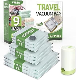Vacuum Bags for Travel with Rechargeable air Pump, 9 Packs of 3 Sizes Vacuum Seal Bags for Clothing (9 Combo Set)
