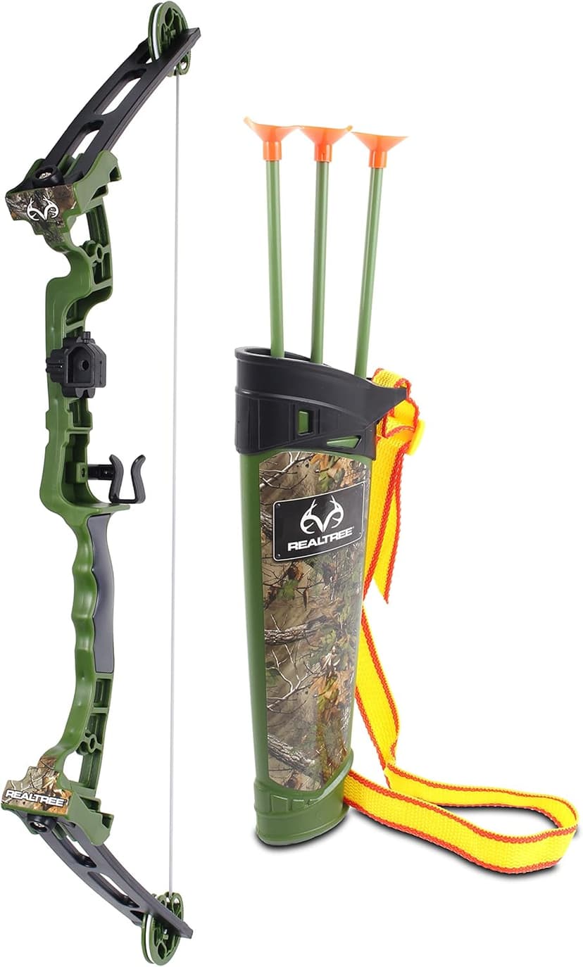 NKOK Realtree Jr. Compound Bow Set; PVC Tipped Suction Cup Arrows Can Be Propelled Up to 40 Feet; 3 Arrows and Target; Red LED Scope; Age 6+